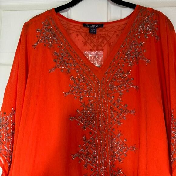 Roaman's Orange Beaded Caftan Top 2PC Set Plus 22/24 1X Sheer Tunic India - Picture 3 of 10